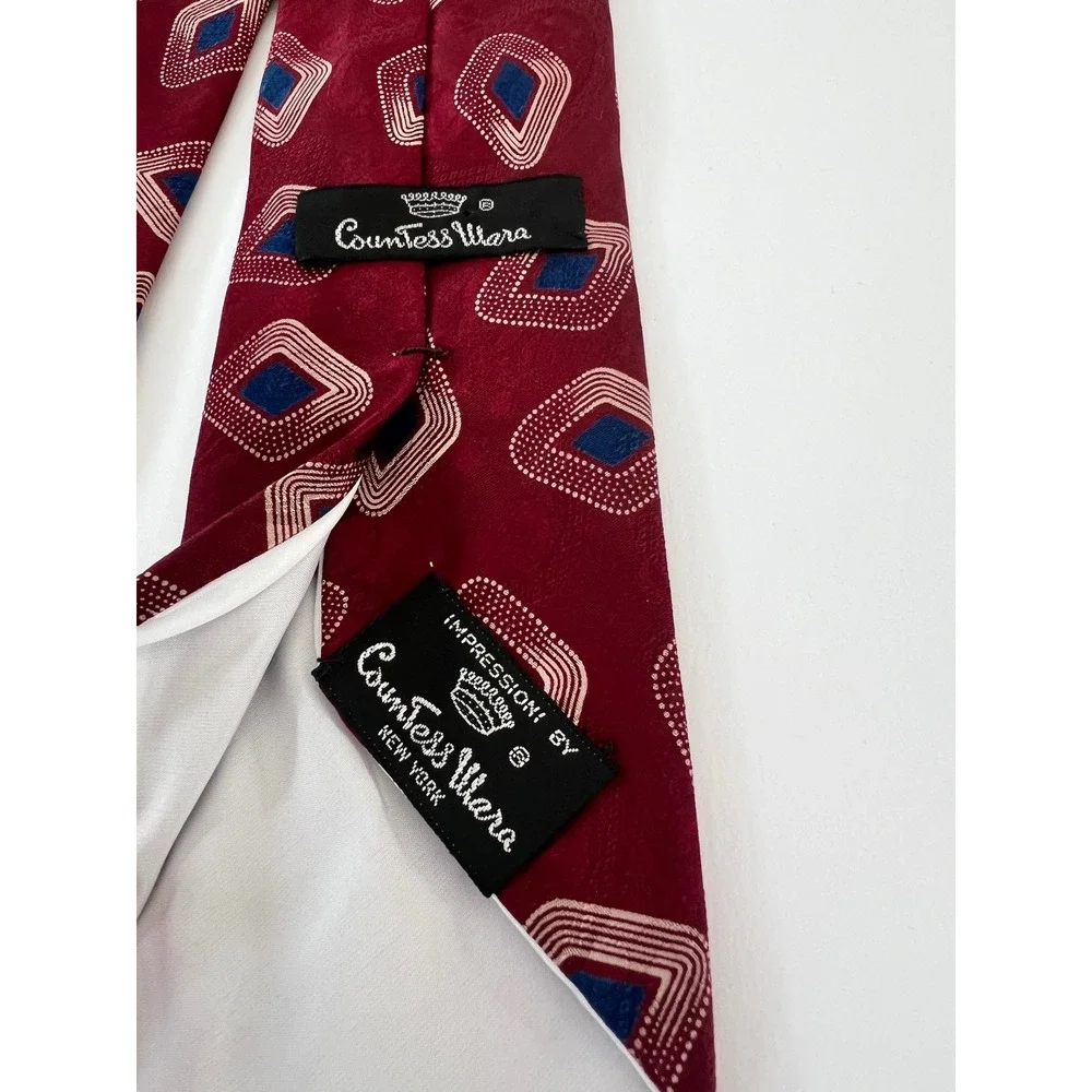 Countess Mara New York Silk Tie Burgundy Blue Geometric Diamond Impressioni Mens